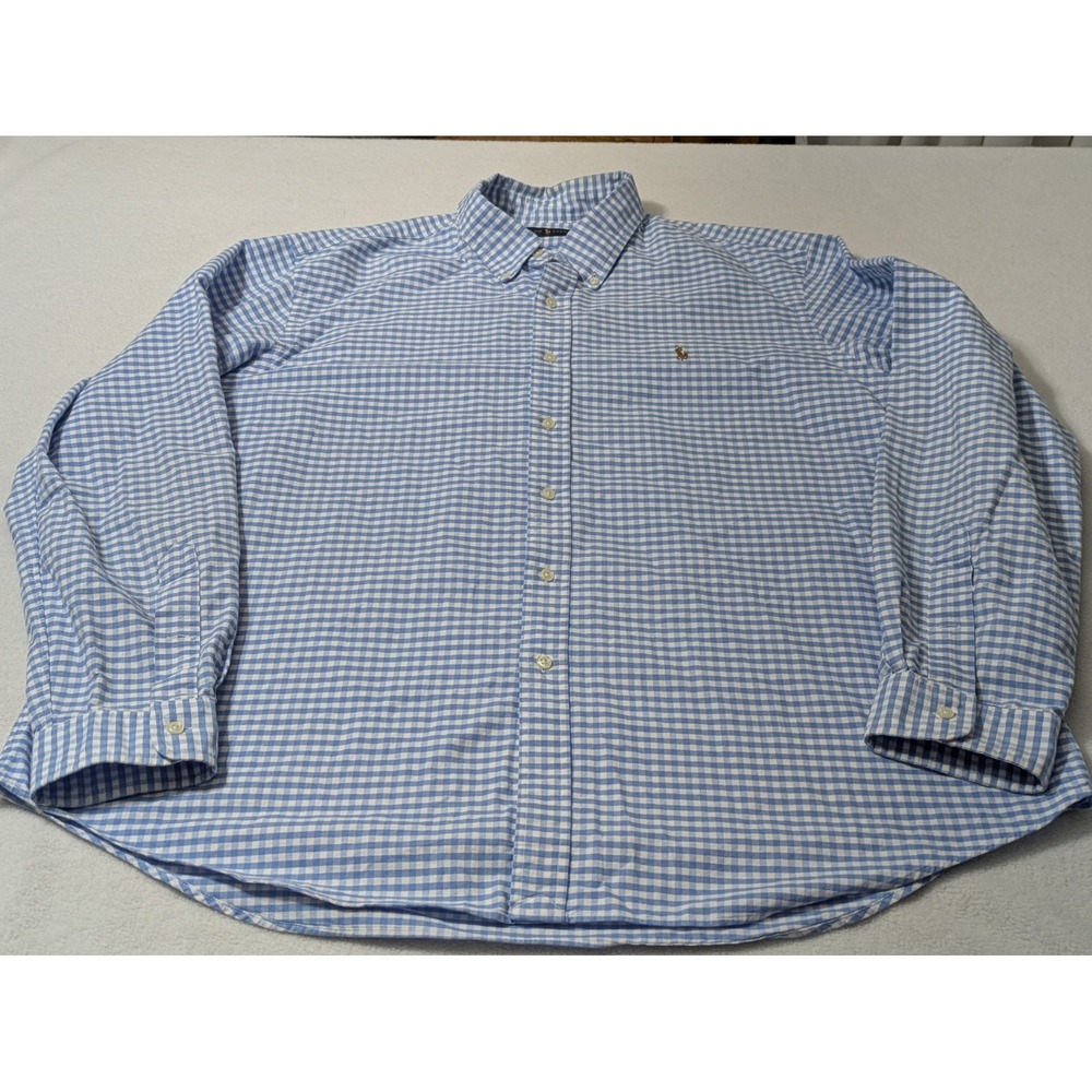 Ralph Lauren Button Up Shirt Blue Gingham Check‎ Plaid Flesh Pony Logo XXL